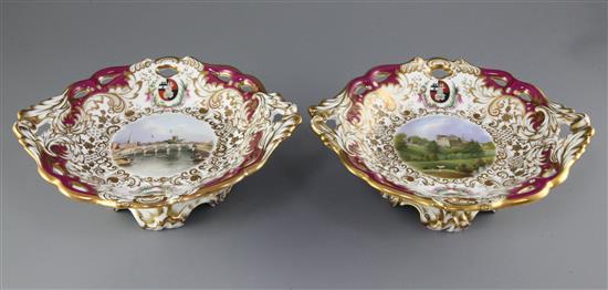 A rare pair of George Grainger & Co. Worcester topographical low footed dessert dishes, c.1846, 27cm